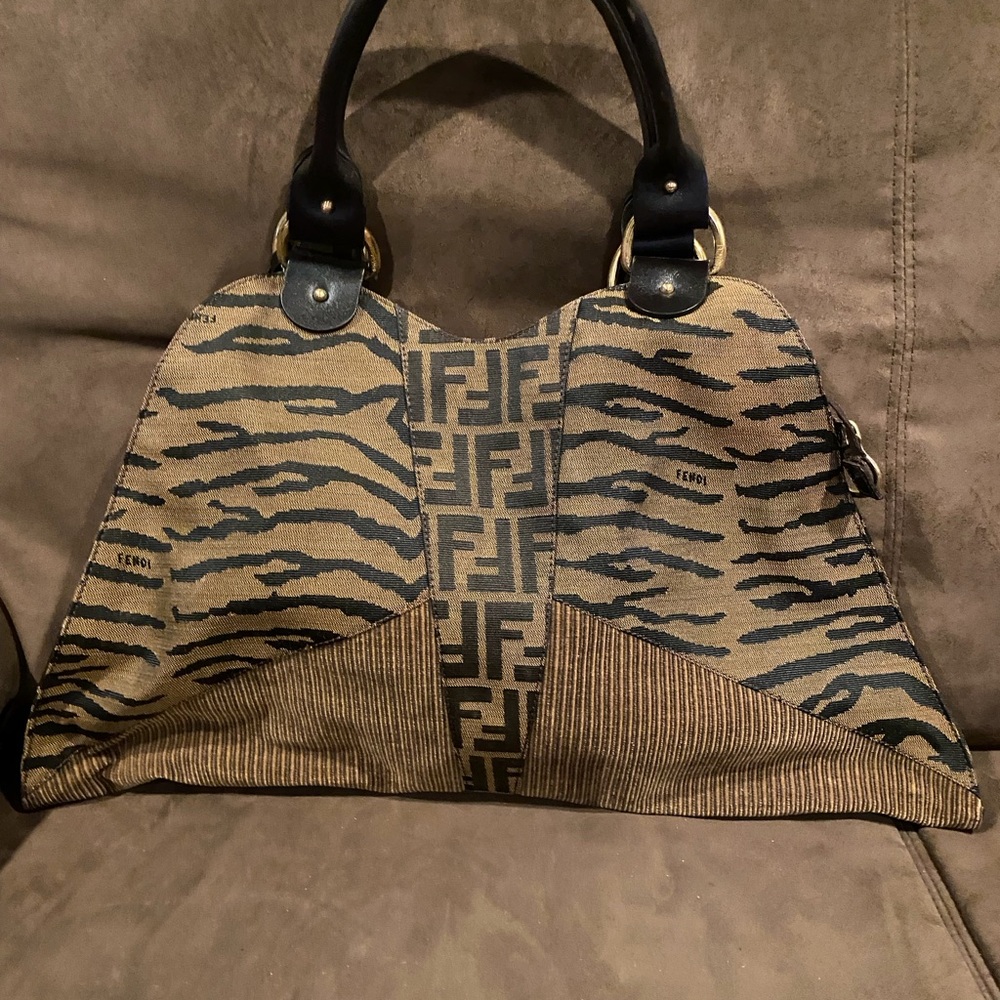 Vintage Fendi Beige & Black FF Monogram Tiger Stripe Trapezio Tote